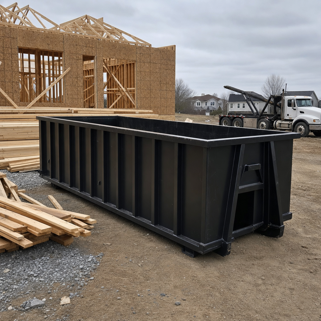 Matte-black 40-yard roll-off dumpster staged on a framed-out residential construction site in Pueblo, framing lumber stacked nearby, hooklift delivery truck visible in the background under bright Colorado daylight