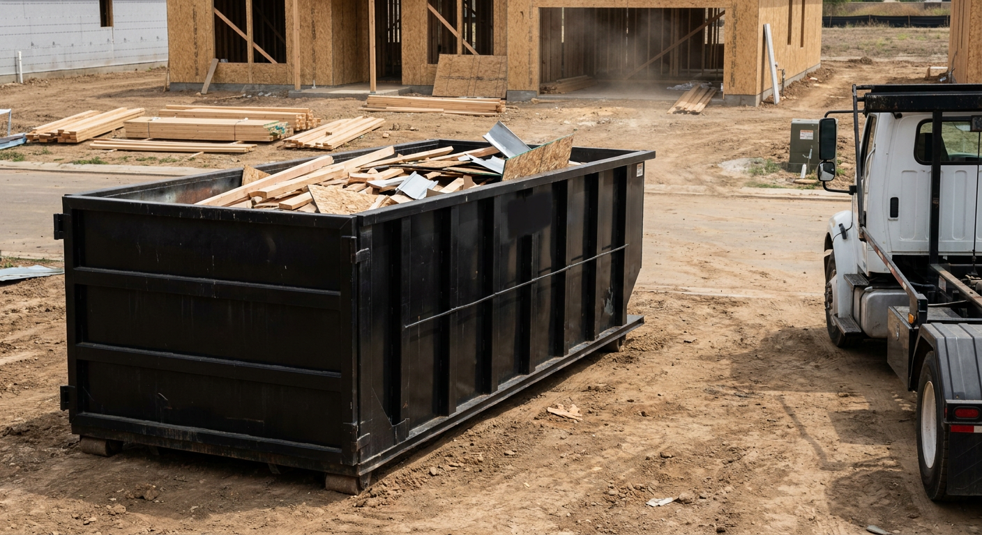 Matte-black 20-yard roll-off construction dumpster with heavy ribbed steel sidewalls and swing rear doors at a working jobsite in Pueblo, sitting directly on compacted dirt with an unmarked white hauler partially visible at the far edge of the frame.