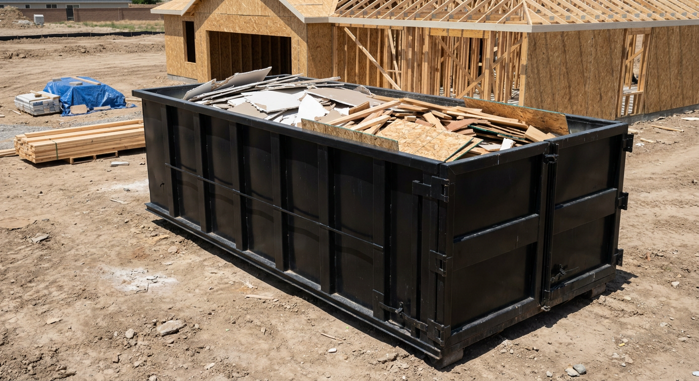 Matte-black 30-yard roll-off construction dumpster sitting directly on the compacted-dirt site of a framed single-family home build in Pueblo, drywall and lumber scrap loaded inside.