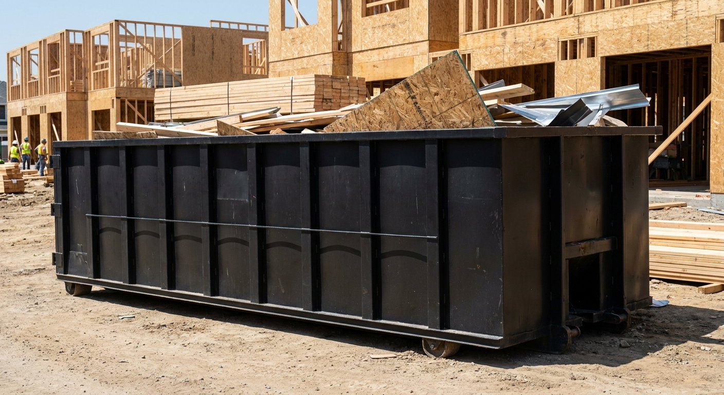 Matte-black 40-yard roll-off construction dumpster being lowered from a white-cab hooklift delivery truck onto the compacted-dirt jobsite at a commercial build site in Pueblo