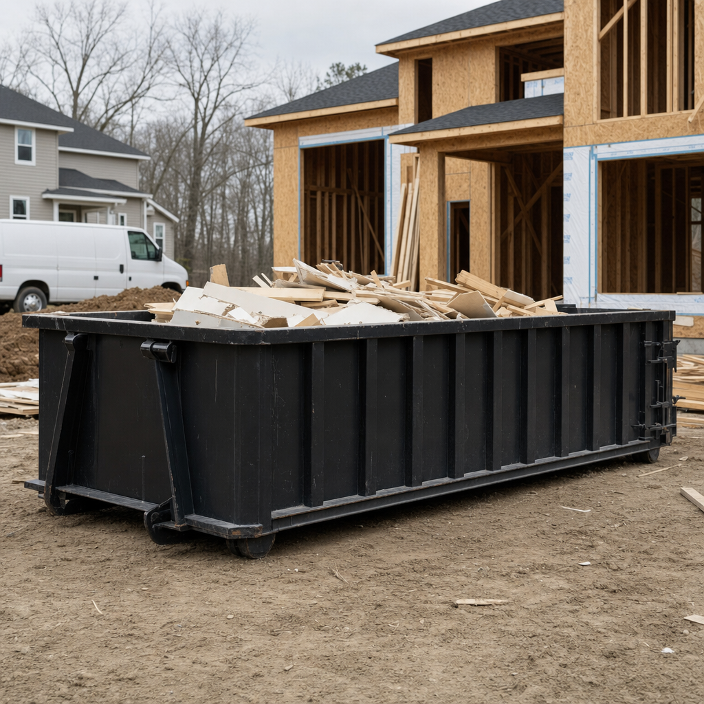 Worker in a yellow high-visibility vest tossing framing lumber and broken drywall into a matte-black 30-yard construction roll-off dumpster on an active build site in Pueblo, bright daylight
