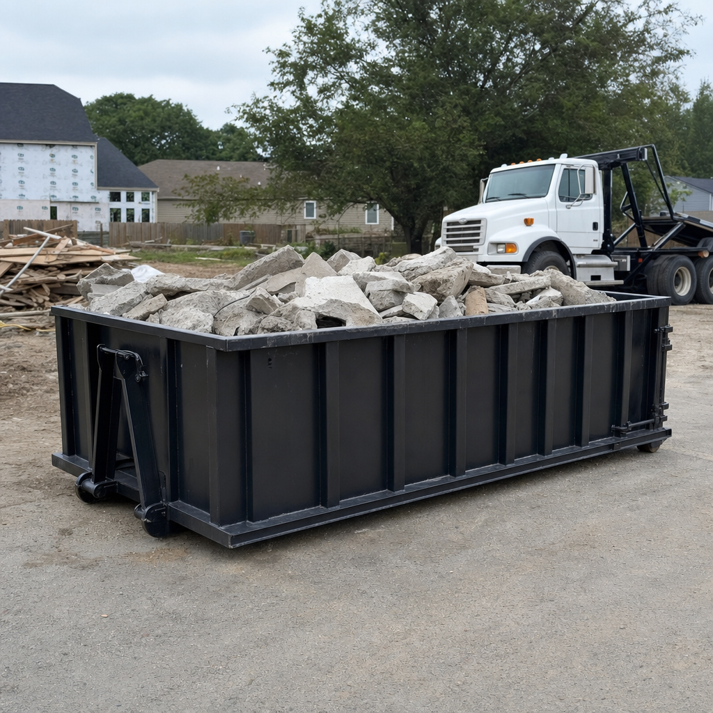 Low-profile matte-black lowboy roll-off dumpster loaded with broken concrete slab and rebar at a foundation tear-out in Pueblo, skid steer parked beside it, sunny Colorado morning