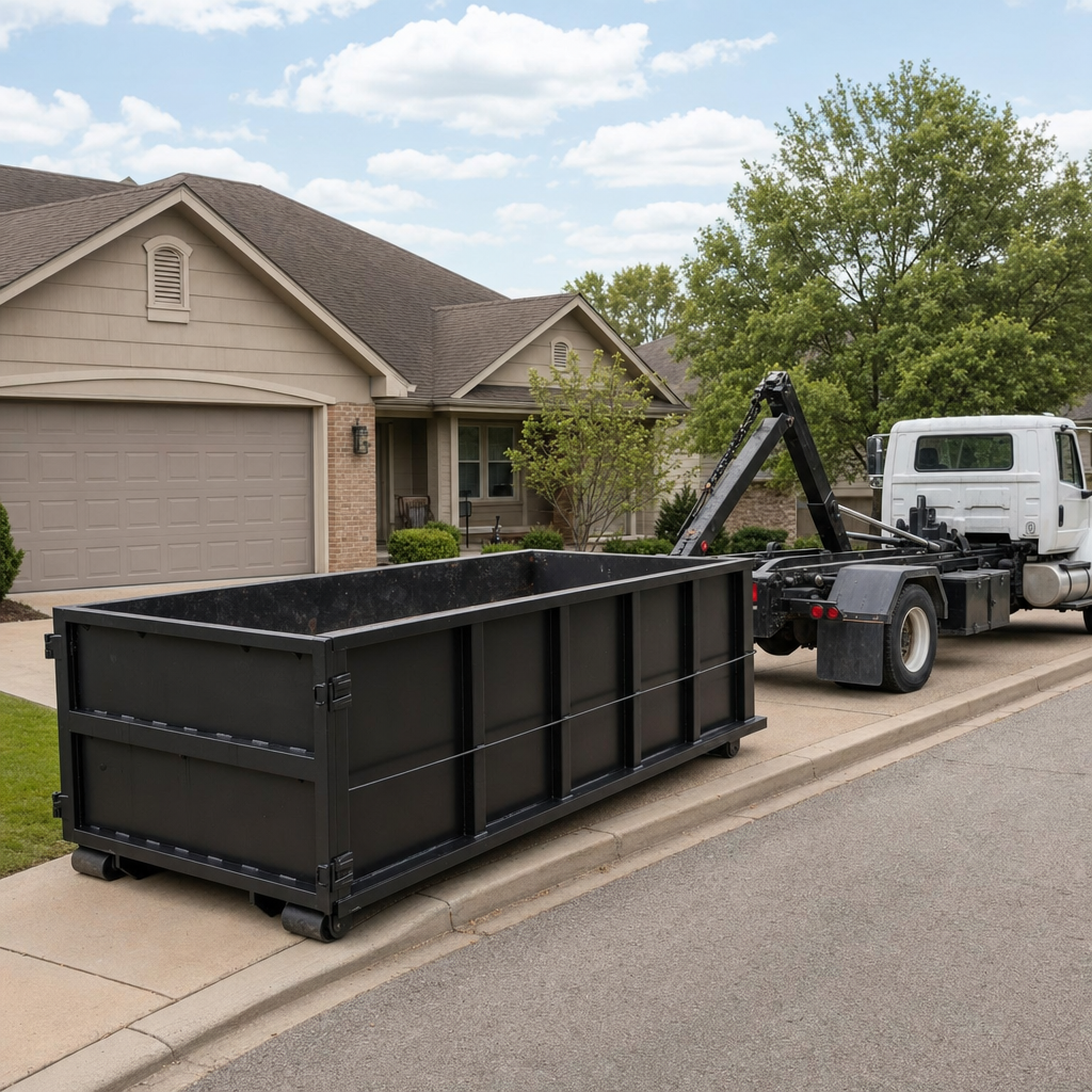 Wide documentary shot of a matte-black roll-off dumpster on a Pueblo residential driveway in the foreground and a contractor jobsite container in the soft-focus background, bright daylight, calm and orderly composition.