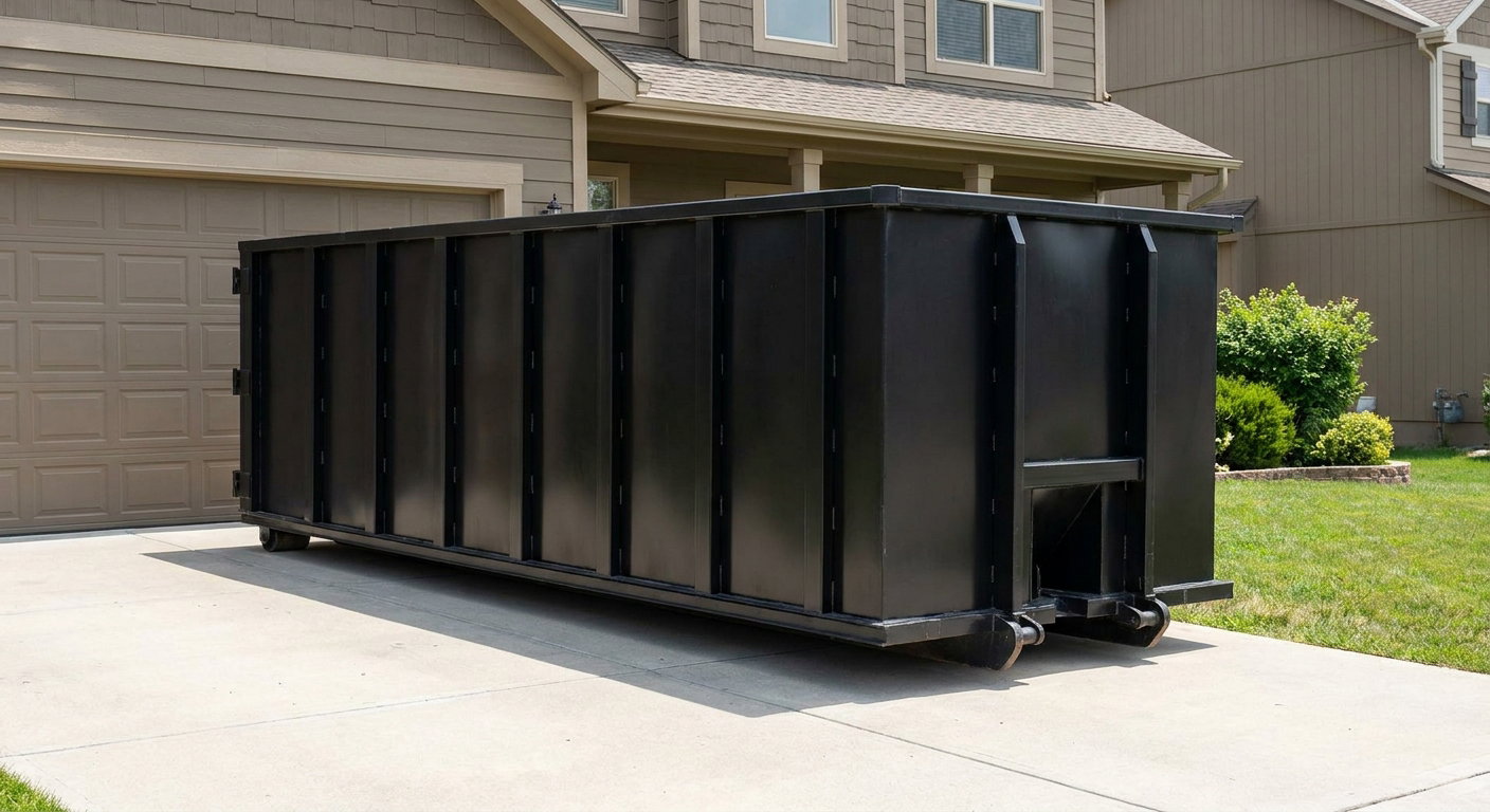 Matte-black residential roll-off dumpster sitting directly on a suburban Pueblo concrete driveway, garage door closed, single-family home in background, bright morning daylight.