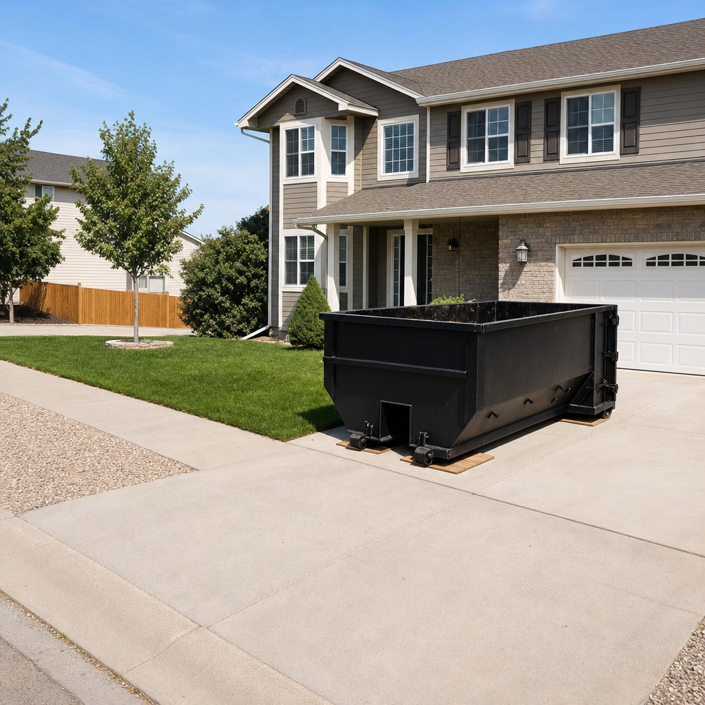 10-yard matte-black residential dumpster placed directly on a narrow Pueblo concrete driveway, room remains for a parked sedan beside it, mid-morning natural light