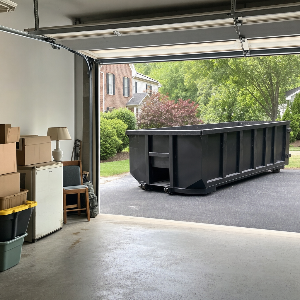 Open garage interior in a Pueblo home mid-cleanout — boxed items, an old appliance, and stacked yard tools queued near the driveway for a matte-black roll-off dumpster, organized and calm
