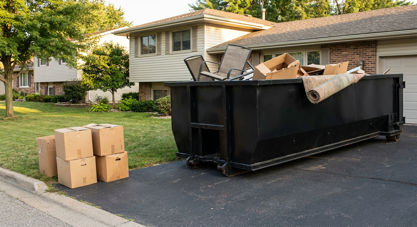 Front-yard view of a Pueblo split-level home with a 20-yard matte-black roll-off dumpster sitting directly on the asphalt driveway, a few clearly labeled donation boxes staged at the curb, calm sunny afternoon.