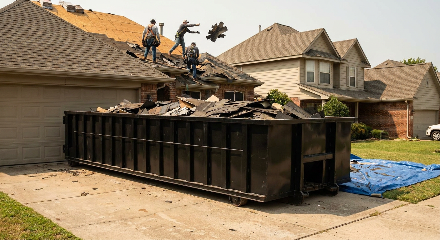Matte-black roofing roll-off dumpster placed directly on a Pueblo residential concrete driveway, a tear-off crew on a two-story asphalt-shingle roof tossing shingle bundles into the low-walled container, bright daylight, documentary 35mm perspective.