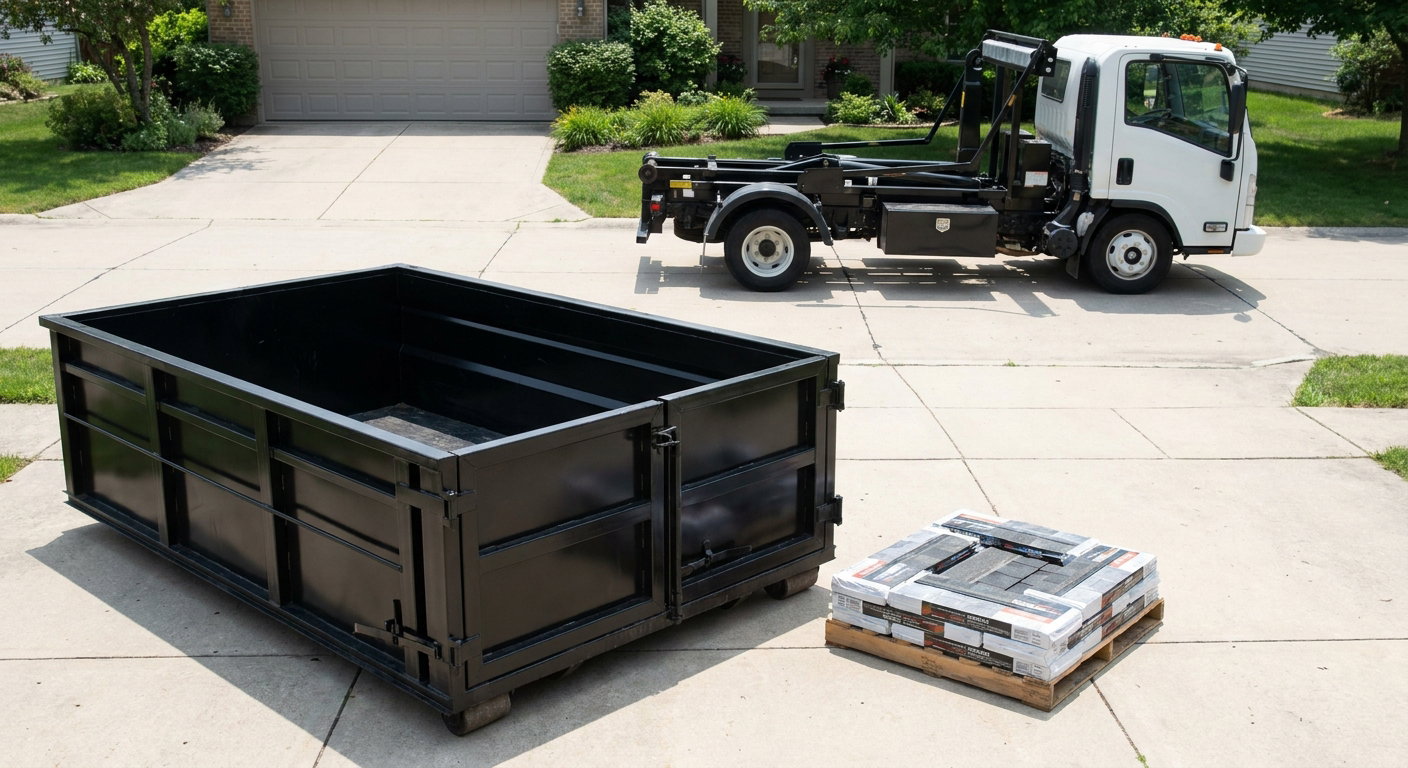 Matte-black 15-yard roofing roll-off dumpster with reinforced low side walls sitting directly on a Pueblo residential concrete driveway, three-tab asphalt shingle bundles stacked nearby, an unmarked white hauler truck partially visible at the edge of the frame.