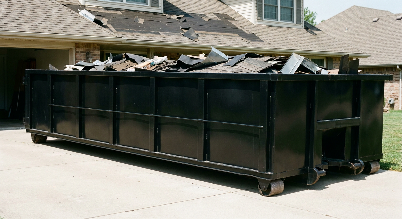 Matte-black 20-yard roofing roll-off dumpster with steel ribbed sides and swinging rear door, sitting directly on the concrete driveway of a two-story Pueblo home, asphalt shingle debris being loaded over the low wall, clean documentary lighting.