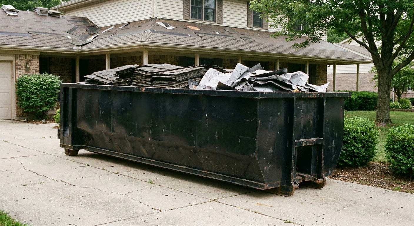 Matte-black 30-yard roofing roll-off dumpster sitting directly on a Pueblo concrete driveway, taller ribbed steel side panels, mixed tear-off debris of asphalt shingles and underlayment inside, professional documentary daylight.