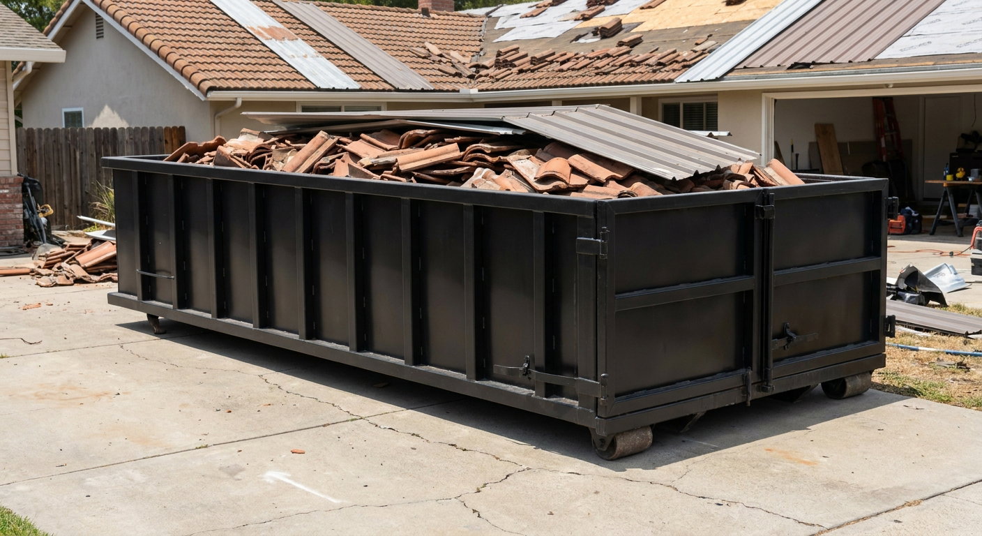 Matte-black low-wall heavy-debris roofing roll-off dumpster sitting directly on a Pueblo concrete driveway, broken concrete clay roof tiles and metal panel sections loaded inside, reinforced ribbed steel side walls visible, bright outdoor daylight.