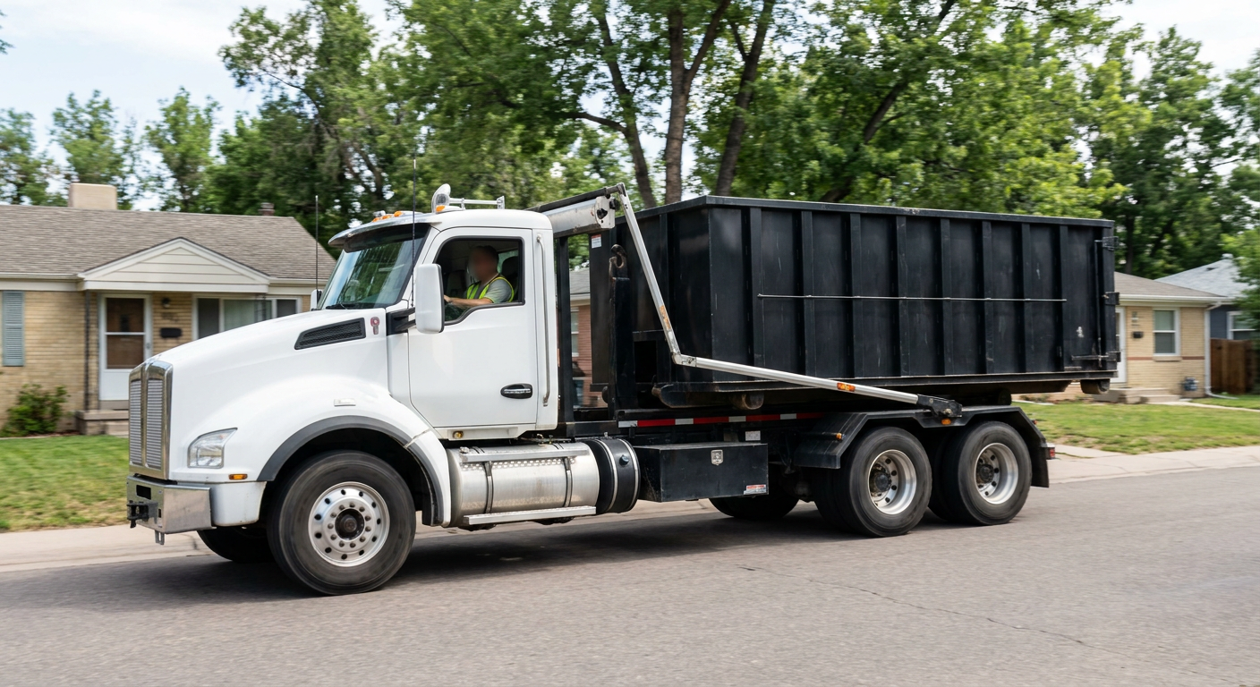 A wide documentary shot of a matte-black roll-off delivery truck pulling onto a quiet Pueblo residential street at mid-morning, with neighborhood rooftops and tree-lined blocks visible behind, showing the metro coverage footprint.