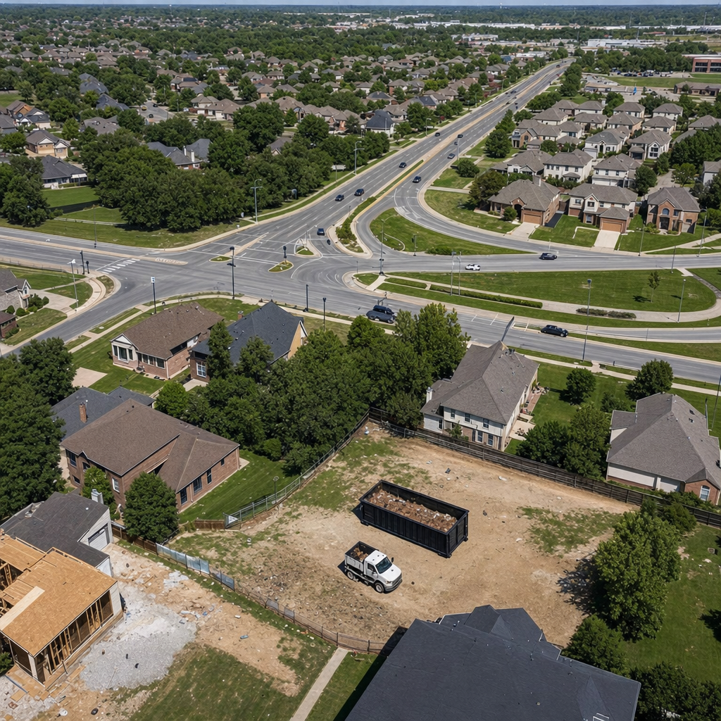 An overhead documentary view of the Pueblo metro area at midday, showing the spread of neighborhoods, arterial roads, and the dispatch radius from a central yard — clean daylight, organized geographic layout.