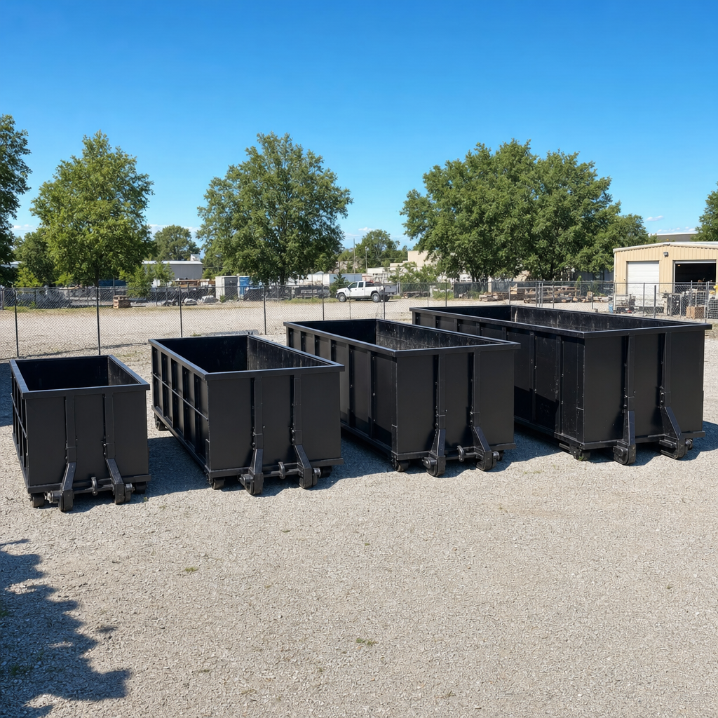 A clean lineup of matte-black roll-off dumpsters in 10, 20, 30, and 40-yard sizes staged on a sunlit gravel yard in Pueblo, showing the size progression from compact to commercial-scale containers.