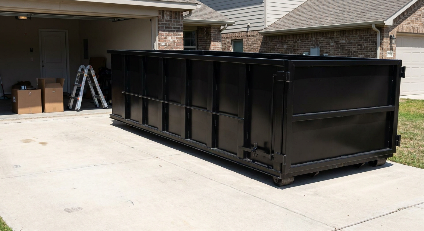A matte-black 10-yard roll-off dumpster sitting directly on a residential Pueblo concrete driveway, mid-day sunlight, clean and ready for a garage cleanout.