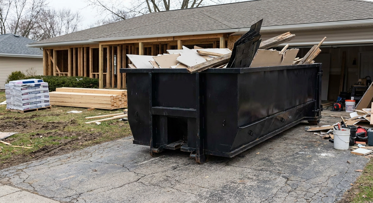 A matte-black 20-yard roll-off dumpster placed alongside a mid-renovation Pueblo home directly on the asphalt driveway, with framing materials and torn-off shingles staged neatly nearby.
