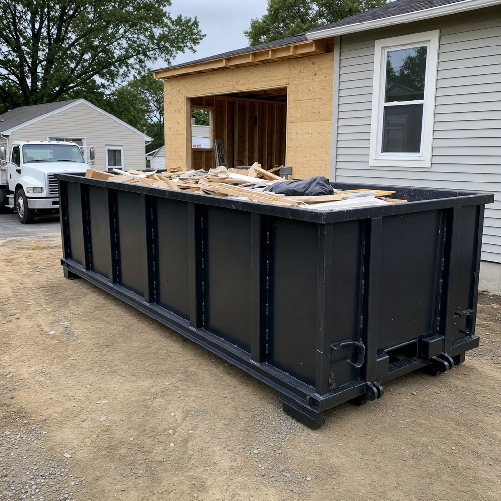 A matte-black 30-yard roll-off dumpster positioned at a Pueblo residential addition jobsite, with framing lumber and drywall scraps loaded through the open swinging rear doors.