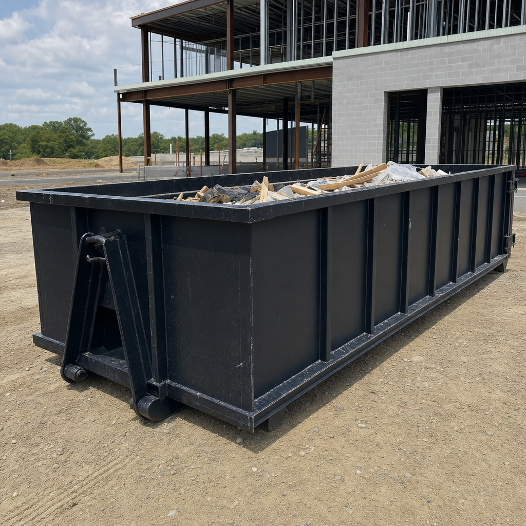 A matte-black 40-yard roll-off dumpster staged on a large Pueblo commercial construction lot, with a hooklift delivery truck parked alongside under bright midday sky.