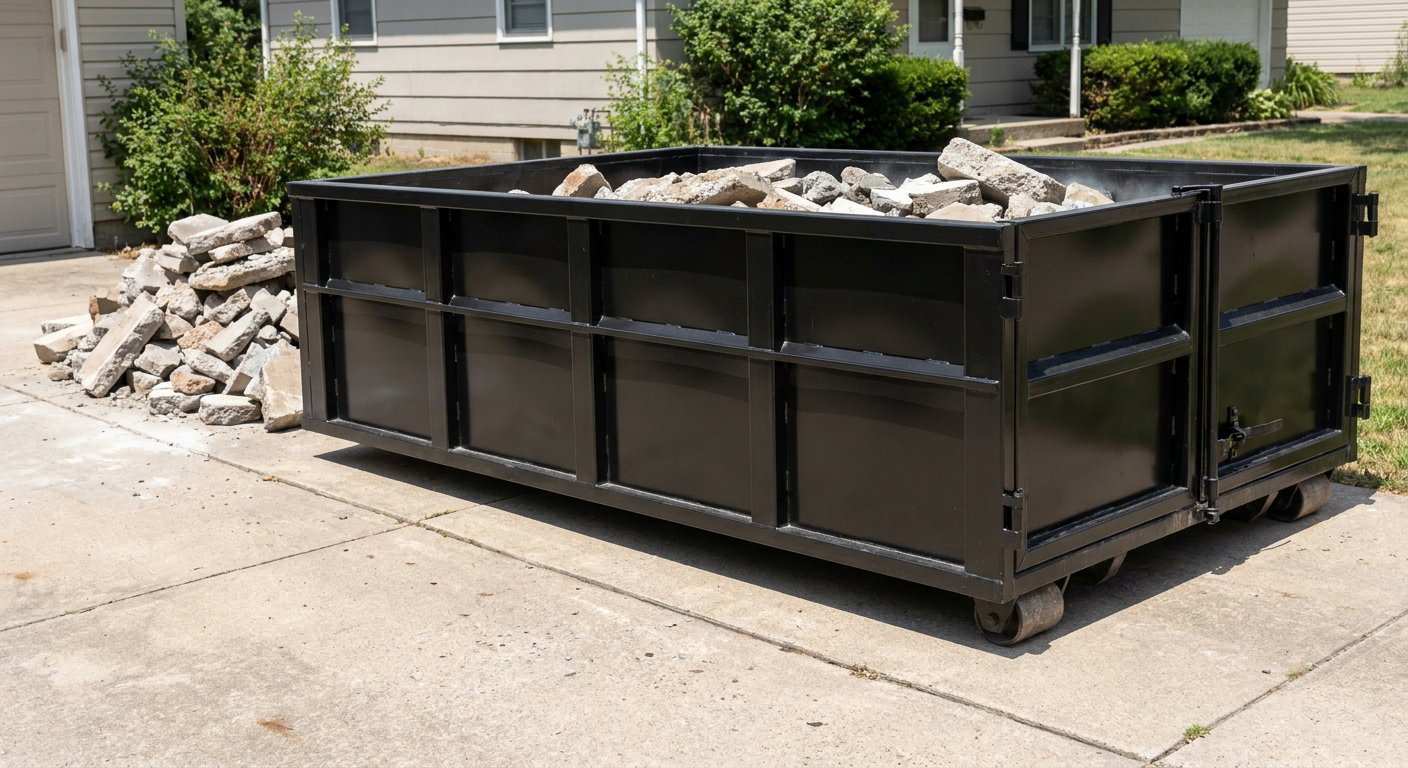 A matte-black low-side heavy-debris roll-off dumpster placed directly on a Pueblo concrete driveway, with broken concrete chunks neatly stacked beside it under clean daylight.